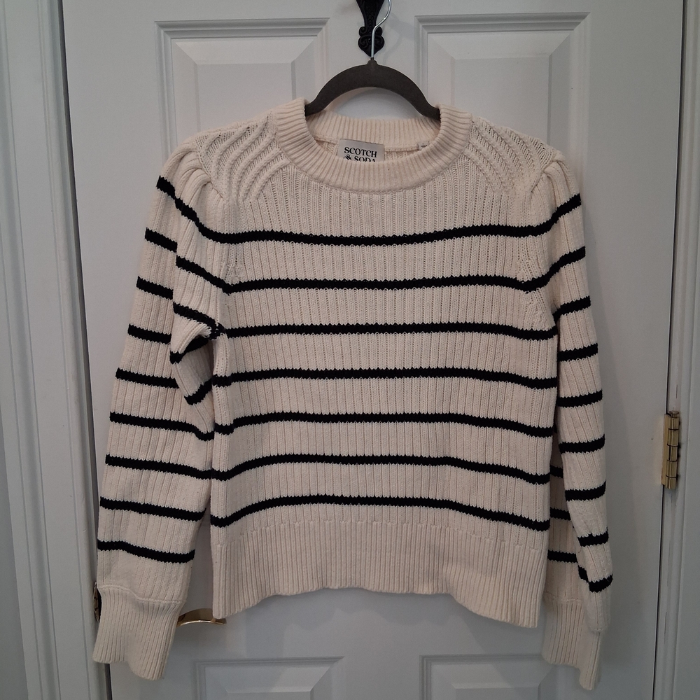 Scotch & Soda Black and Cream Striped Crew Neck Sweater